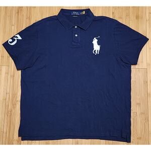 Polo Ralph Lauren Polo Shirt Mens 2XL Blue Custom Slim Fit Big Pony Rugby Logo